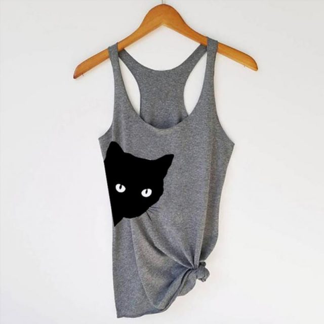 Summer Women Sleeveless T-shirts Casual Loose Tank Tops Ladies Cute Cat Print Round Neck Loose Camisole Autumn Bottoming Vest