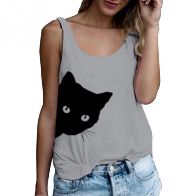 Summer Women Sleeveless T-shirts Casual Loose Tank Tops Ladies Cute Cat Print Round Neck Loose Camisole Autumn Bottoming Vest
