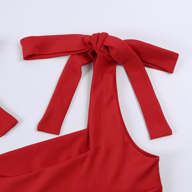 Viifaa Red Self Tie Shoulder Solid Streetwear Crop Tank Top Summer Women Square Neck Skinny Sleeveless Tank Tops