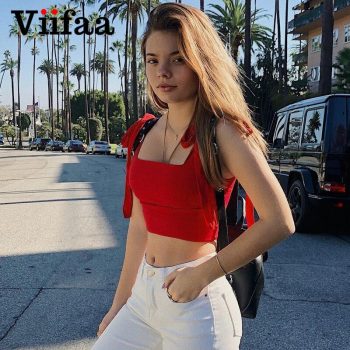 Viifaa Red Self Tie Shoulder Solid Streetwear Crop Tank Top Summer Women Square Neck Skinny Sleeveless Tank Tops