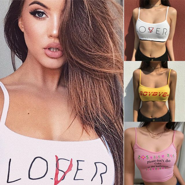 Summer Pink Crop Top 2019 New Women Strappy Cotton Letter Print Tank Tops Vest Sexy Short Crop Tops Camis Tees Tops Female