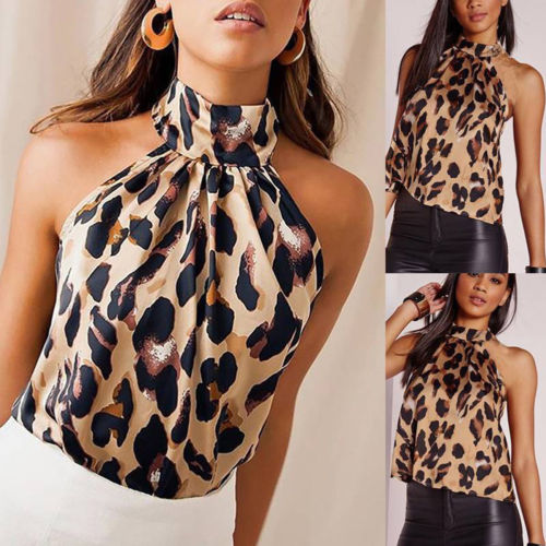 Hirigin Womens Sexy Leopard Print Halter Neck Sleeveless Button Cami Vest Evening Party Tops