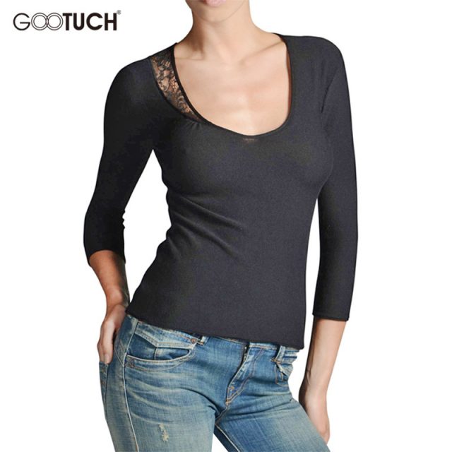 Women’s Sexy Lace T-Shirts Low Cut Neck Women Solid Three Quarter Sleeve Female Tops Tee 5XL 6XL Ladies Plus Size T Shirt 7438