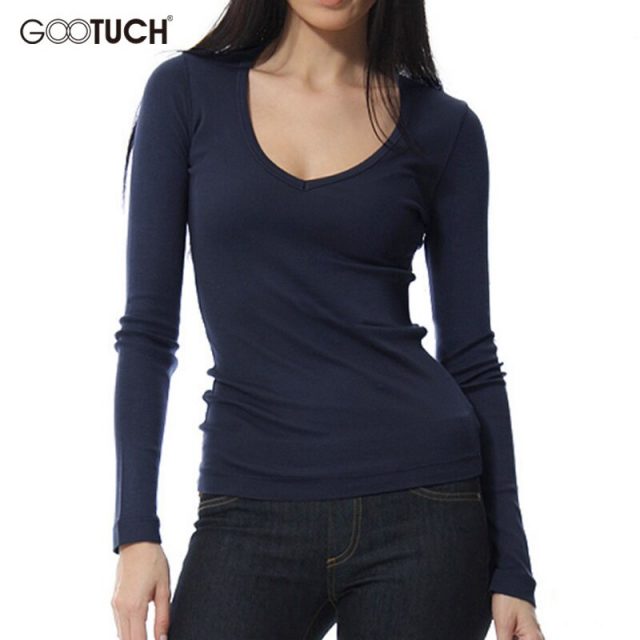 Womens T-shirt Long Sleeve Modal Undershirt Ladies Sexy Low-Cut Stretch Top Tees Solid Color European Style Plus Size Shirts 302