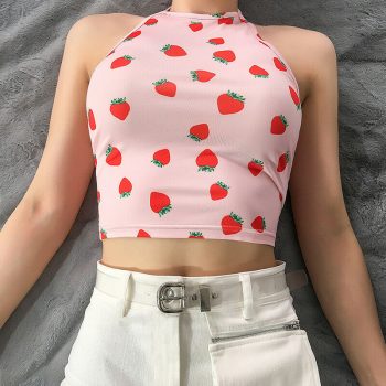 Women Summer Tank Tops Vest Sleeveless Crop Tops Sweet Strawberry Print Pink Tops Halter Female Shirts Camis