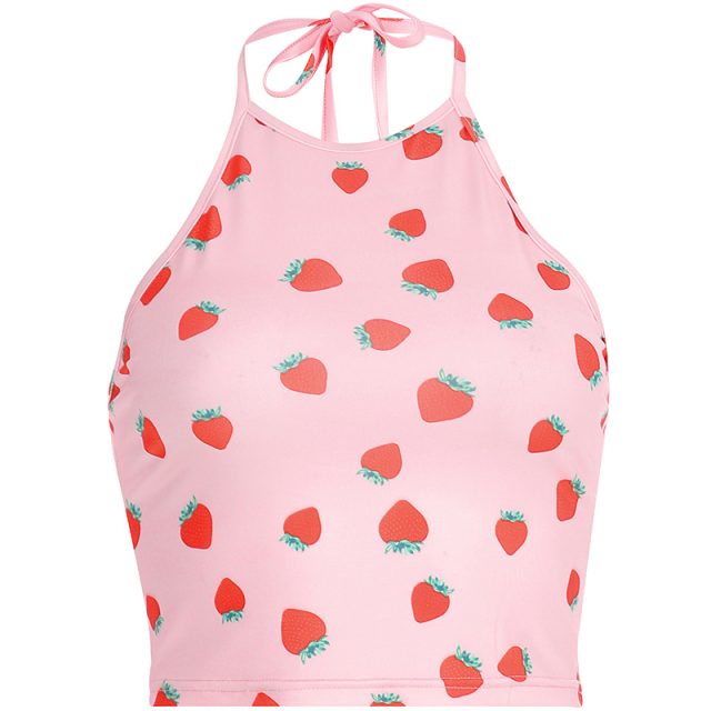Women Summer Tank Tops Vest Sleeveless Crop Tops Sweet Strawberry Print Pink Tops Halter Female Shirts Camis