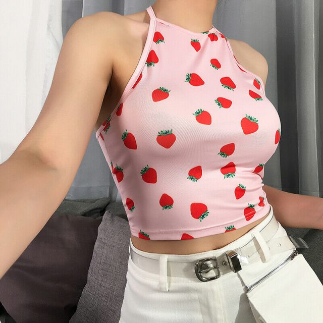 Women Summer Tank Tops Vest Sleeveless Crop Tops Sweet Strawberry Print Pink Tops Halter Female Shirts Camis