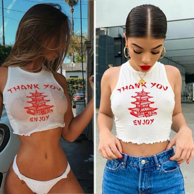 Women Thank You Letter Strap Tank Tops 2019 Female Slip Crop Tops Sexy Camis Club Camisoles White Red Ladies Short Tight Shirt