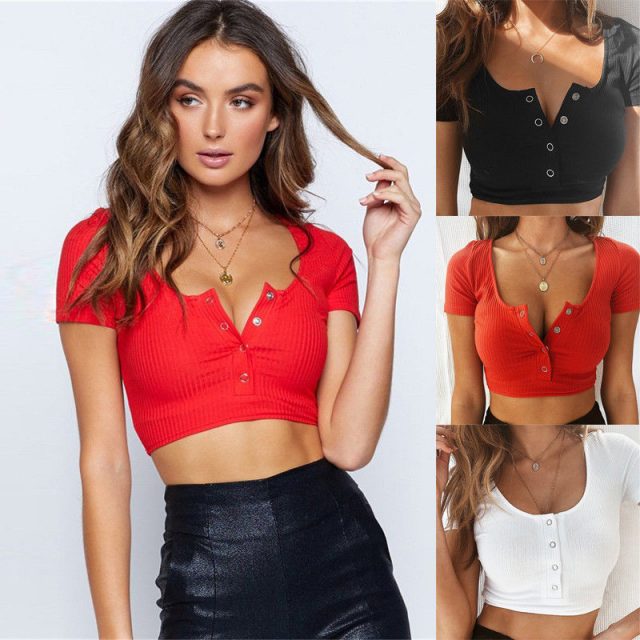 Womens Short Sleeve Button Crop tops Ladies Sexy U neck Plain basic Tanks Party bodycon Tank Top stretch Vest Tee tunique