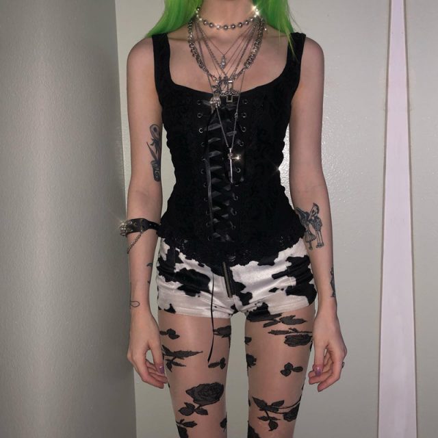 Goth Dark Grunge Black Tank Tops Gothic Transparent Hollow Out Crisscross Bandage Top Summer Sexy Fashion Mesh Ruch Ruffle Tops