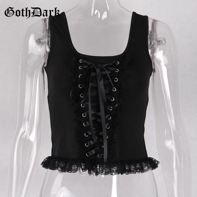 Goth Dark Grunge Black Tank Tops Gothic Transparent Hollow Out Crisscross Bandage Top Summer Sexy Fashion Mesh Ruch Ruffle Tops