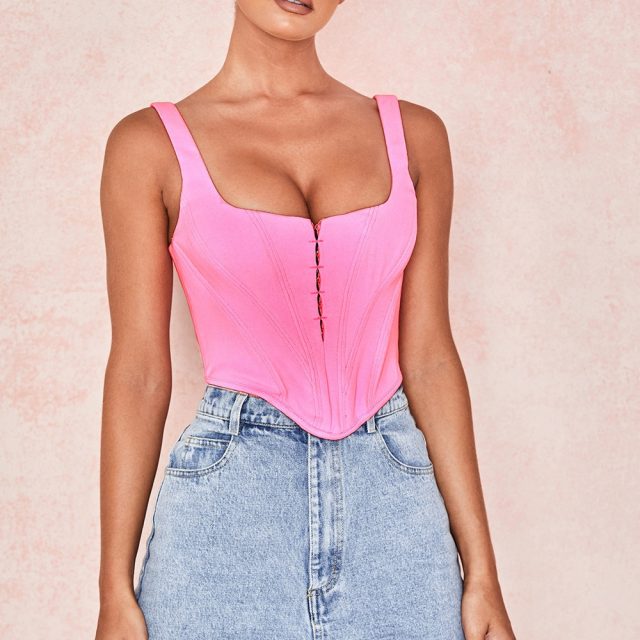 Cryptographic Tank Top Women Summer 2019 Fashion Hidden Breasted Solid Vest Square Collar Backless Strap Top Sleeveless Crop Top