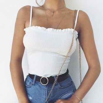 New Fashion 2018 sexy tops for women Summer Casual Sleeveless Ruffles Off Shoulder crop Halter Solid Tank Tops in White