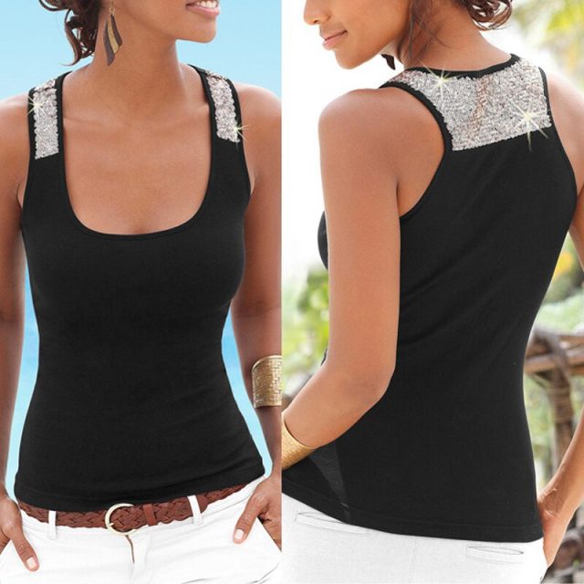 2019 New Women Sleeveless Vest Sequin Blouse Casual Tank Summer Beach Tops T-Shirts VN 68
