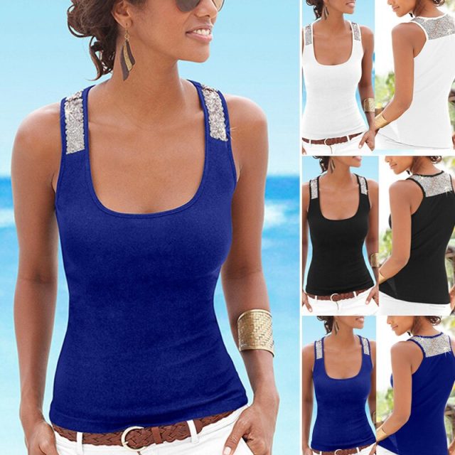 2019 New Women Sleeveless Vest Sequin Blouse Casual Tank Summer Beach Tops T-Shirts VN 68
