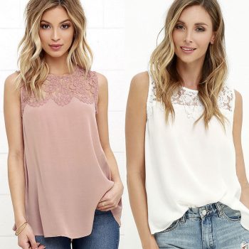 2018 Summer Fashion Women Vest Tops Sleeveless Lace Flower Round Neck Solid Pink White Casual Tank Tops