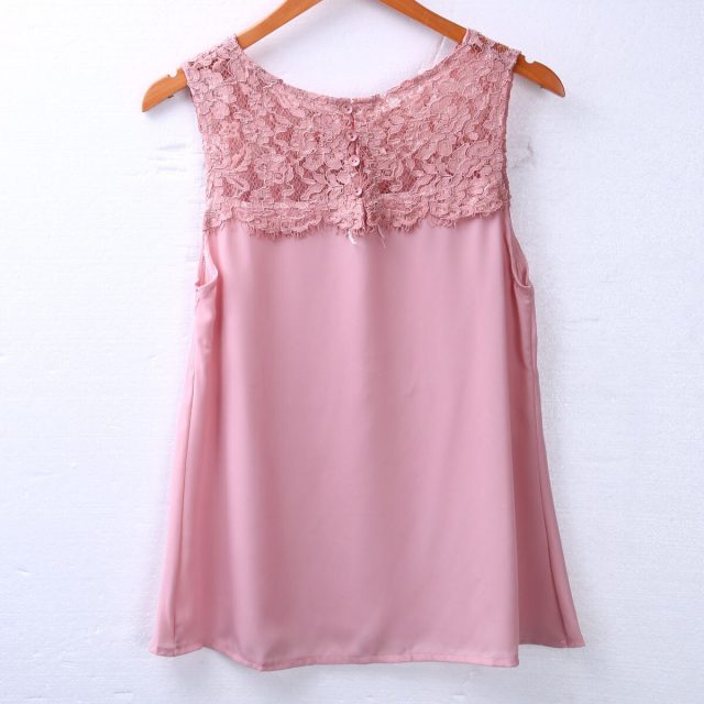2018 Summer Fashion Women Vest Tops Sleeveless Lace Flower Round Neck Solid Pink White Casual Tank Tops