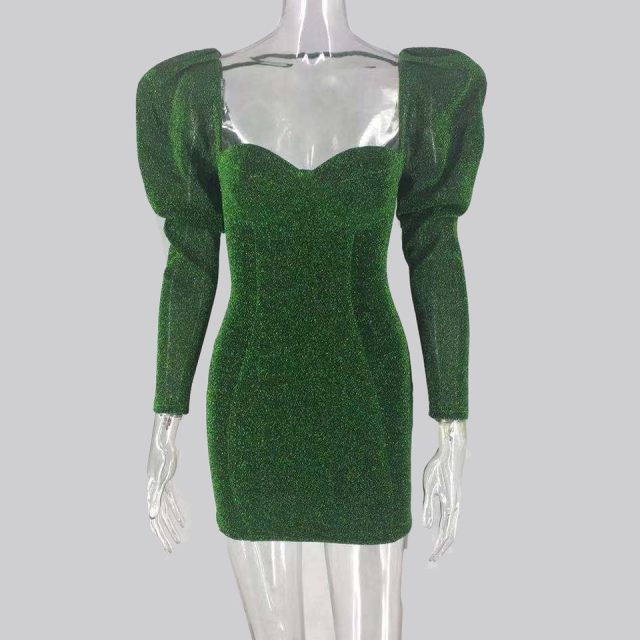 JillPeri New Spring Long Sleeve Green Glitter Dress Sexy Low Neck Stretch Bling Outfit Celebrity Party Puff Shoulder Mini Dress