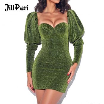 JillPeri New Spring Long Sleeve Green Glitter Dress Sexy Low Neck Stretch Bling Outfit Celebrity Party Puff Shoulder Mini Dress