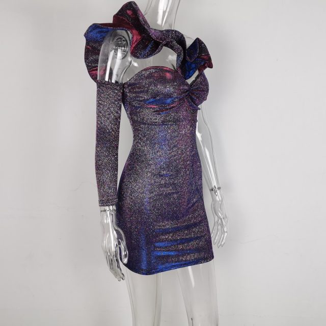 JillPeri Women Structured Ruffles Neck Sparkling Mini Dress Sexy Strapless Discolored Bodycon Outfit Bling Night Club Wear Dress