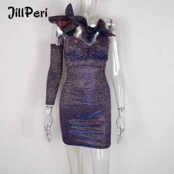 JillPeri Women Structured Ruffles Neck Sparkling Mini Dress Sexy Strapless Discolored Bodycon Outfit Bling Night Club Wear Dress