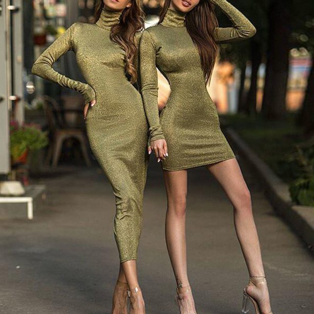 JillPeri Women Sexy Bodycon Long Sleeve Stretch Dress Stand Neck Army Green Shinny Daily Outfit Short Sheath Party Mini Dress