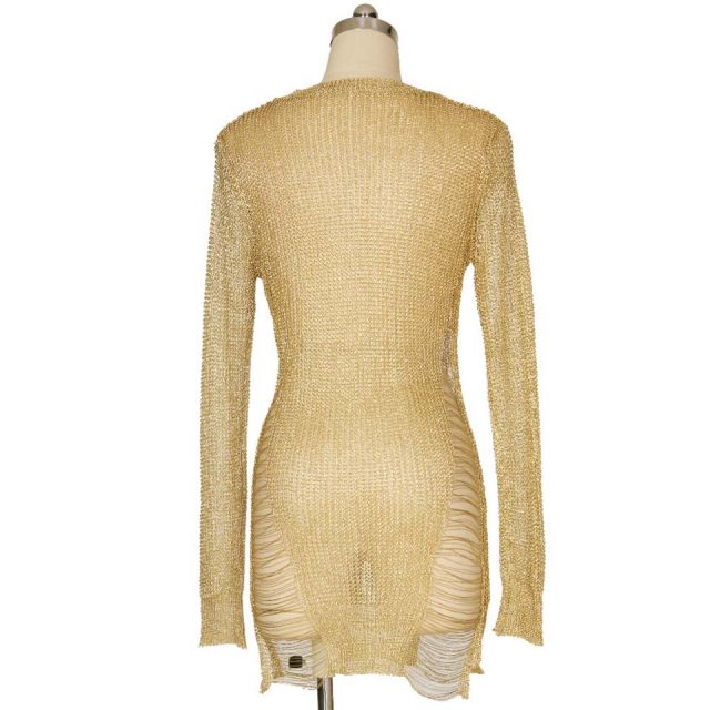 JillPeri Autumn Long Sleeve Metallic Solid Knitted Dress Fashion Tassel Hollow Out Sexy Daily Outfit Vacation Wear Mini Dress