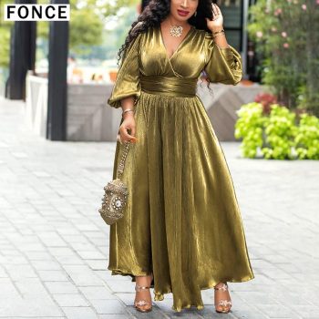 Luxury Golden Glitter Split V Neck Sexy Party Dress Long Women High Waist Tunic Night Club Lantern Sleeve Pleated Maxi Dresses