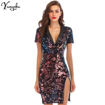 Fashion Sexy Sequin Summer Dress Women Vestidos 2018 Notched V neck Colorful Bling Luxury Nightclub Womens Party Dresses