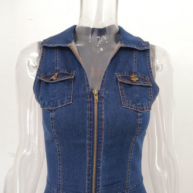 JillPeri Women Sexy Deep V Neck Zipper Sheath Dress Fashion Pockets Tank Nature Daily Dress Summer Solid Blue Mini Denim Dress
