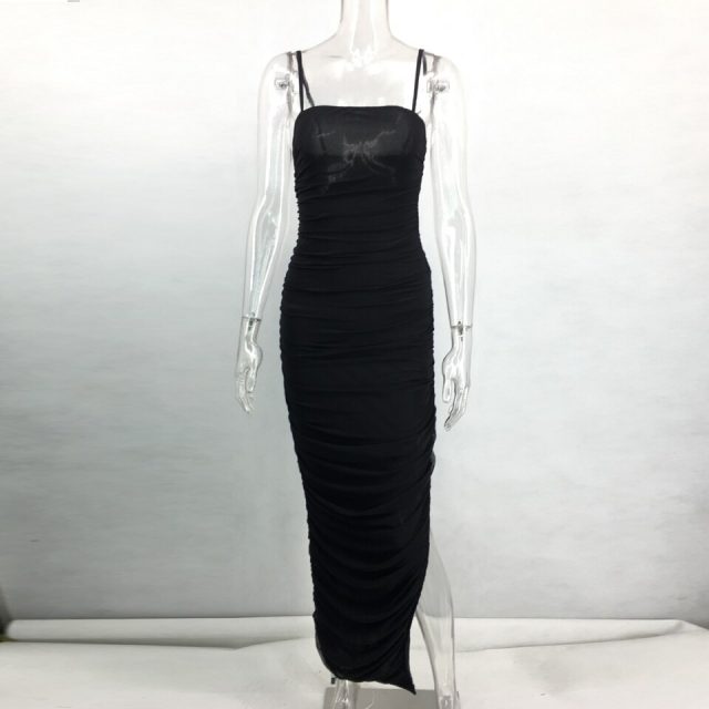 JillPeri Women Stretch Mesh Maxi Dress Sexy Club Street Drop Adjustable Shoulder Daily Outfit Solid Black Khaki Long Party Dress