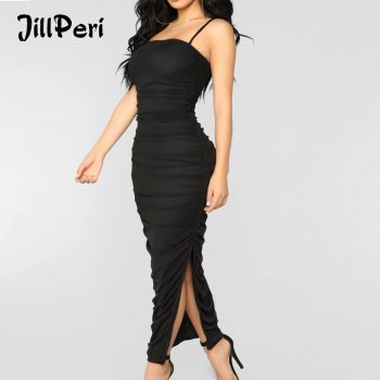 JillPeri Women Stretch Mesh Maxi Dress Sexy Club Street Drop Adjustable Shoulder Daily Outfit Solid Black Khaki Long Party Dress