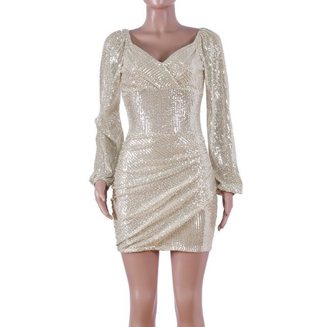 JillPeri Women Long Sleeve Sequin Dress Sexy Low Neck Celebrity Party Dress Sparkle Night Club Wear Bling Short Daily Outfit