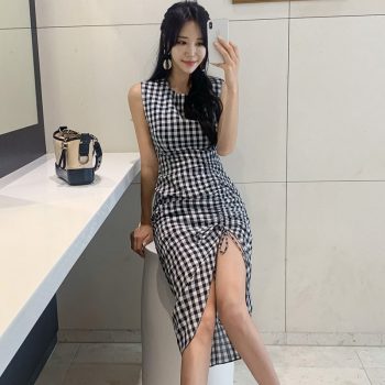women korean elegant plaid maxi dress tank sleeveless O-neck female sexy asymmetrical wrap dresses mid-calf length vestidos