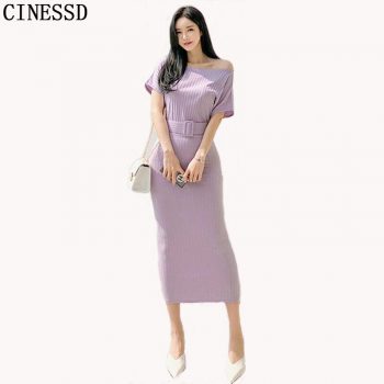 CINESSD Women Long Maxi Dress 2019 Cotton Summer Solid Bodycon Dress with Slash Neck Mid-calf Package Hip Tunic Dress