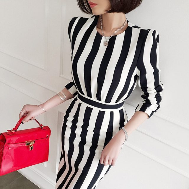 Women spring new wear han edition OL temperament package buttocks long striped o-neck office lady knee-length pencil dress