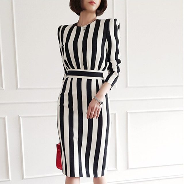 Women spring new wear han edition OL temperament package buttocks long striped o-neck office lady knee-length pencil dress