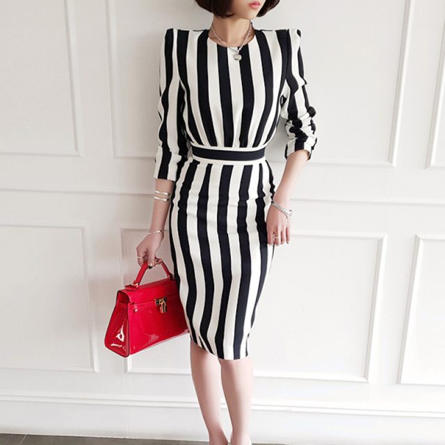 Women spring new wear han edition OL temperament package buttocks long striped o-neck office lady knee-length pencil dress