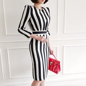 Women spring new wear han edition OL temperament package buttocks long striped o-neck office lady knee-length pencil dress