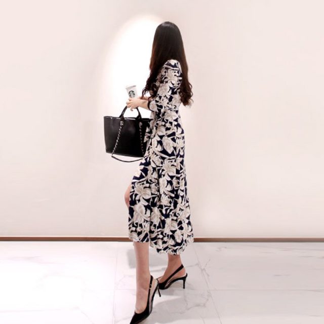 Women Summer New Temperament Vintage Elegant Flower Print V-Neck Chiffon Boho Beach Dress Tunic Sundress Maxi Dress Vestidos
