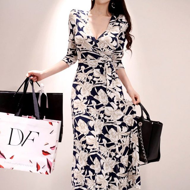 Women Summer New Temperament Vintage Elegant Flower Print V-Neck Chiffon Boho Beach Dress Tunic Sundress Maxi Dress Vestidos
