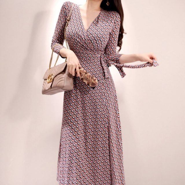 CINESSD Vintage Loose Beach Long Maxi Dress For Autumn Polyester Geometric V-neck Mid Sleeve Wrap Casual Dress