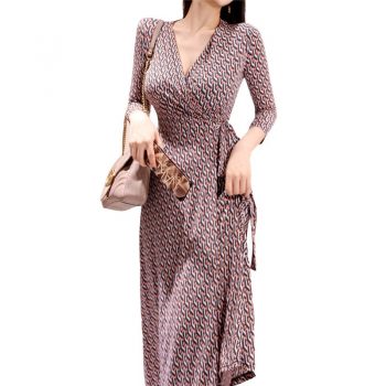 CINESSD Vintage Loose Beach Long Maxi Dress For Autumn Polyester Geometric V-neck Mid Sleeve Wrap Casual Dress