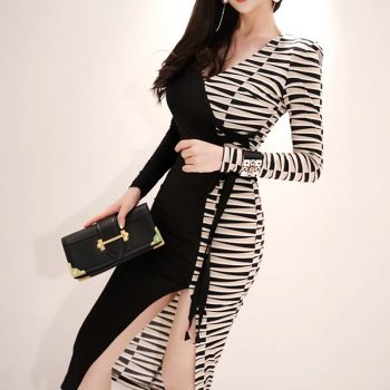women wear new Korea aristocratic temperament striped v-neck split package hip office lady knee-length asymmetrical dress