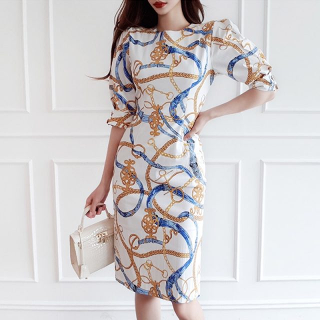 CINESSD Vintage Hip Chiffon Dress 2019 Women Summer Elegant Print with O-neck Short Sleeve Sexy Polyester Knee-length Dress