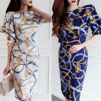 CINESSD Vintage Hip Chiffon Dress 2019 Women Summer Elegant Print with O-neck Short Sleeve Sexy Polyester Knee-length Dress