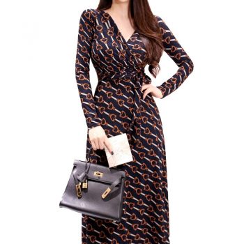 CINESSD Vintage Robe Loose Boho Dresses For Autumn Polyester Elegant Print Temperament V-neck Long Sleeve Fall Wrap Party Dress