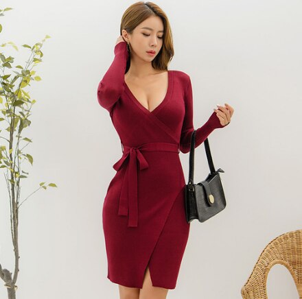 CINESSD Sexy Sweater Dresses For Womne Red Dress Cotton Long Sleeve knitted Deep V neck Straight Hip party wedding Vestidos
