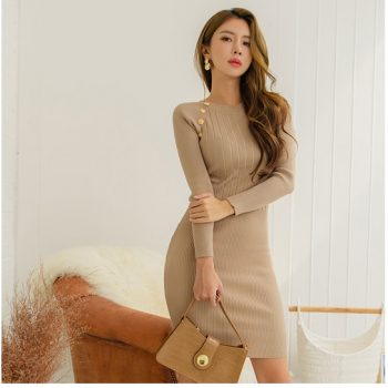 CINESSD Sweater Dresses For Women elastic Formal Dress Long Sleeve Cotton knitted O neck Hip Mini wedding guest  Vestidos