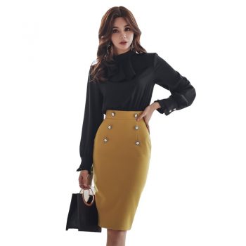 CINESSD work dress for woman long Sleeve round neck Yellow Black splice spring female Hip Office Dresses with button